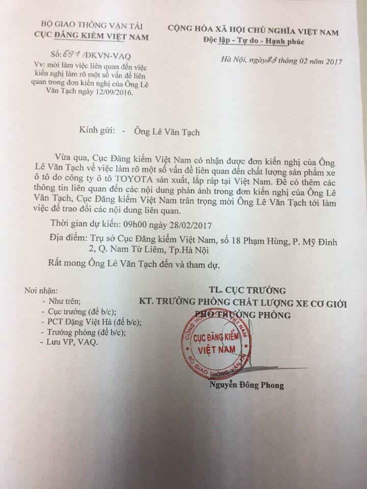 Cục Đăng kiểm Việt Nam mời kỹ sư Lê Văn Tạch làm rõ một số vấn đề lỗi xe TOYOTA