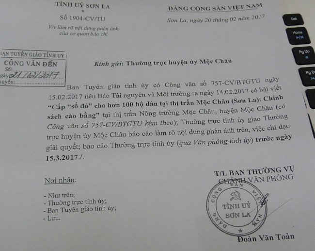 Công văn số 1904-CV/TU, ngày 20/2/2017 của Tỉnh ủy Sơn La về việc làm rõ nội dung phản ánh của cơ quan báo chí