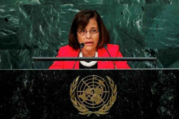 Tổng thống Quần đảo Marshall, bà Hilda Heine phát biểu tại Đại hội đồng Liên Hợp Quốc tại quận Manhattan, New York, Mỹ vào ngày 22/9/2016. Ảnh: REUTERS / Eduardo Munoz