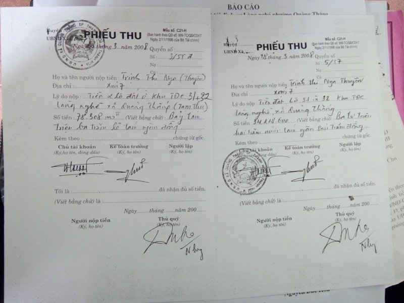 Phiếu thu tiền bán đất cho các hộ dân năm 2007 của UBND xã Quảng Thắng. 