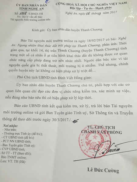 Văn bản số 1268/UBND-TH ngày 06/3/2017 của UBND tỉnh Nghệ An giao UBND huyện Thanh Chương xử lý vấn đề Báo Tài nguyên & Môi trường nêu