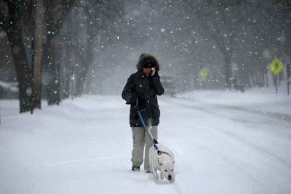 Người phụ nữ dắt một chú chó đi bộ trong cơn bão tuyết dọc theo con đường Broadway phủ đầy tuyết ở Nyack. Ảnh: REUTERS / Mike Segar