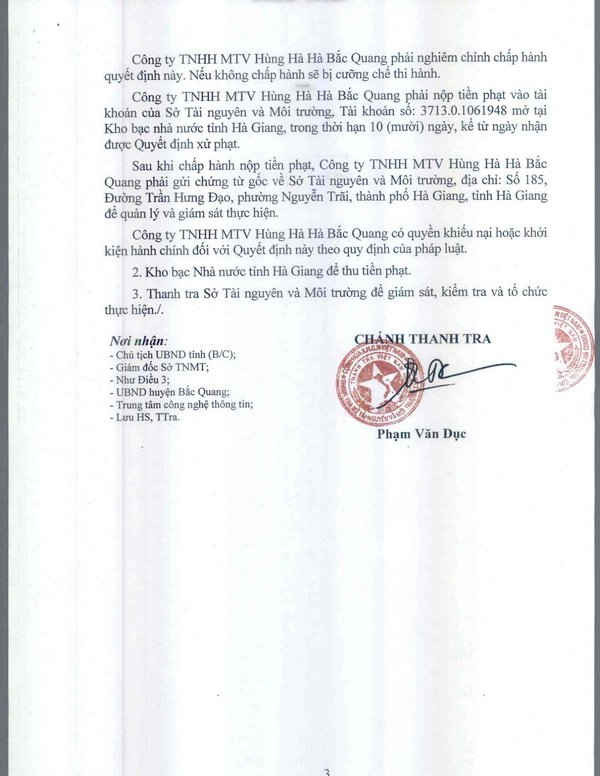 Quyết định xử phạt đối với Cty TNHH MTV Hùng Hà Bắc Quang