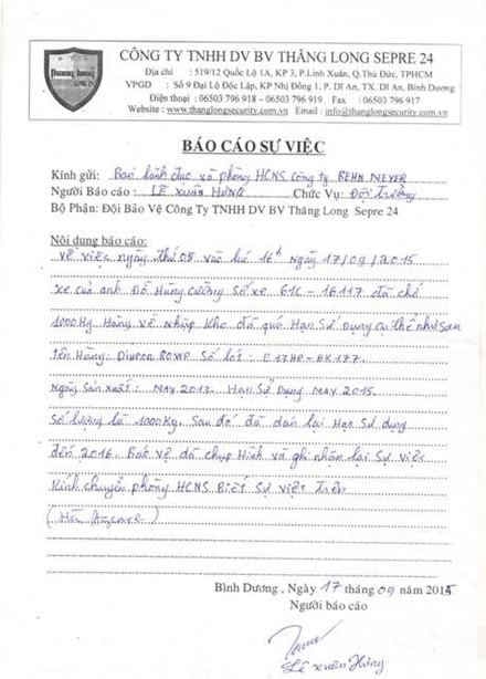 Biên bản vi phạm do nhân viên bảo vệ Công ty Thăng Long lập.