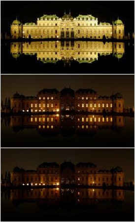 Bức ảnh cho thấy cung điện Belvedere và hình ảnh phản chiếu của nó ở hồ nước trong và sau khi các ngọn đèn được tắt để hưởng ứng Giờ Trái Đất ở Vienna, Áo vào ngày 25/3/2017. Ảnh: REUTERS / Heinz-Peter Bader