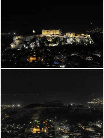 Ngọn đồi Acropolis trước và trong Giờ Trái đất ở Athens, Hy Lạp vào ngày 25/3/2017. Ảnh: REUTERS / Michalis Karagiannis