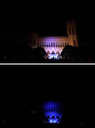 Hình ảnh kết hợp cho thấy toà nhà Frere Hall, trước và sau khi đèn tắt để hưởng ứng Giờ Trái Đất ở Karachi, Pakistan vào ngày 25/3/2017. Ảnh: REUTERS / Akhtar Soomro