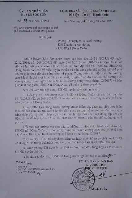 Văn bản chỉ đạo của UBND huyện Sóc Sơn yêu cầu các chủ xưởng tự tháo dỡ xong trong tháng 2/2017