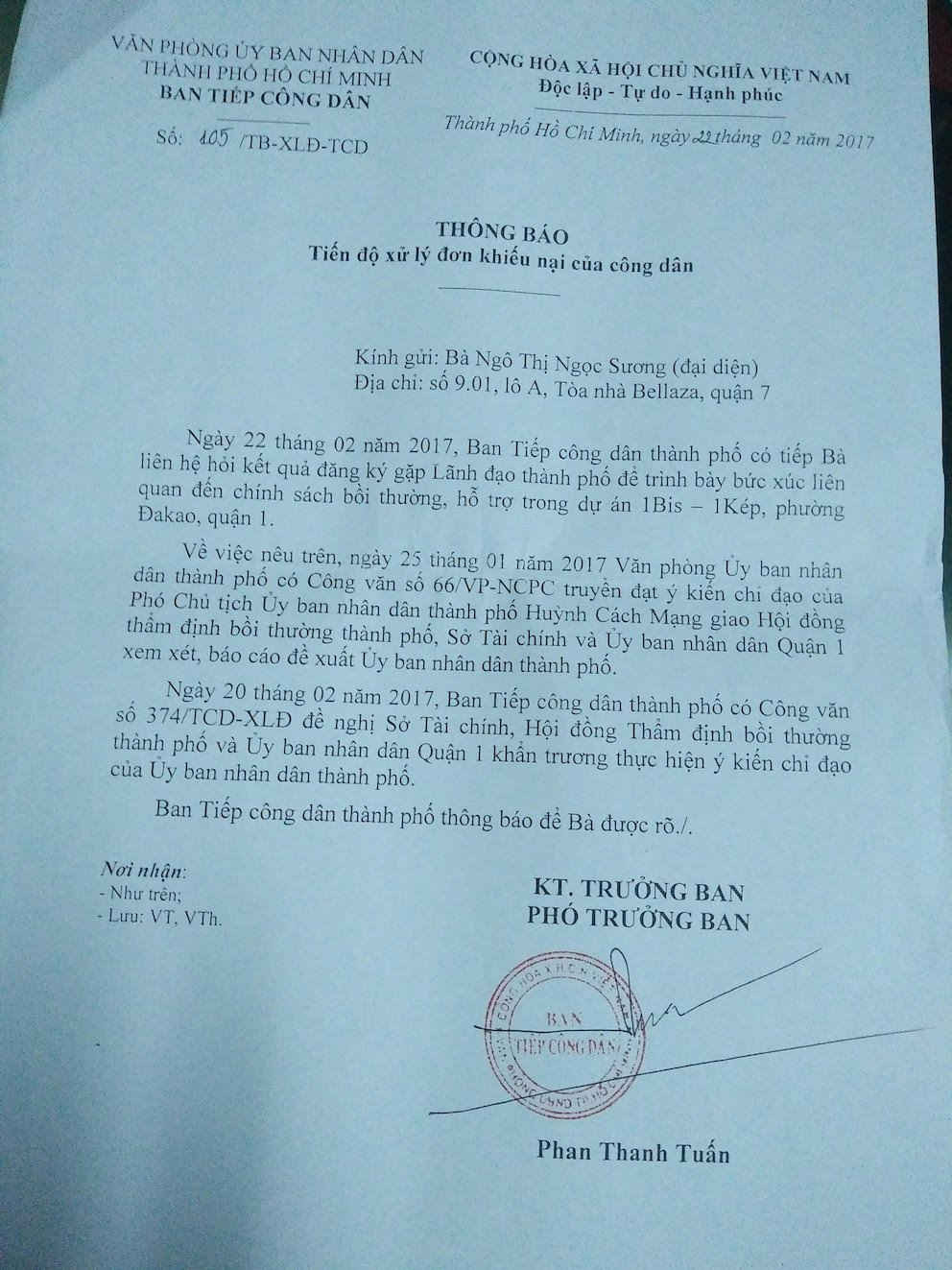  Văn bản trả lời của Ban Tiếp công dân TP Hồ Chí Minh đối với khiếu nại về giá bồi thường tại DA. 