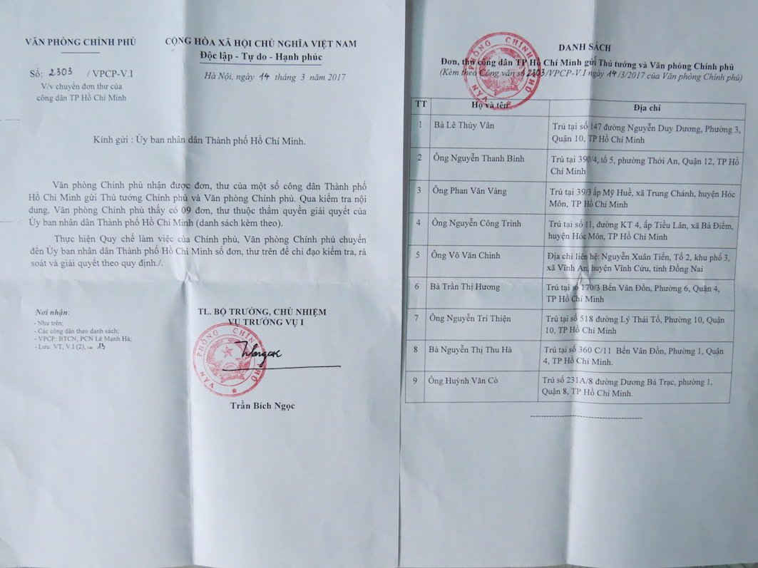 Văn bản của Văn phòng Chính phủ chuyển đơn khiếu nại của công dân Huỳnh Văn Cò đến Chủ tịch UBND TP Hồ Chí Minh. 