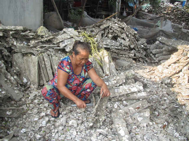 3. Bà Lê Thị Mảnh, ngụ ở thôn 2, xã Long Sơn phải đi làm thuê vì không còn tiền để đầu tư nuôi thủy sản