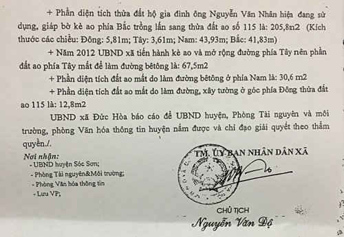 Văn bản do ông Nguyễn Văn Độ (CT xã Đức Hòa) ký năm 2016