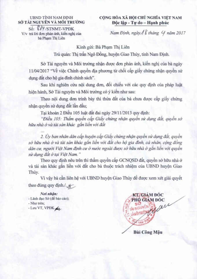 Công văn của Sở Tài nguyên và Môi trường tỉnh Nam Định khẳng định trách nhiệm cấp sổ đỏ lần đầu thuộc về UBND huyện Giao Thủy nhưng không hề nhắc tới việc đề nghị huyện này báo cáo vụ việc và hướng xử lý