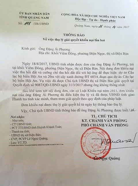 Công văn số 148/TB-UBND của UBND tỉnh Quảng Nam “về việc thụ lý giải quyết khiếu nại lần 2” đối với ông Đặng Ái Phương