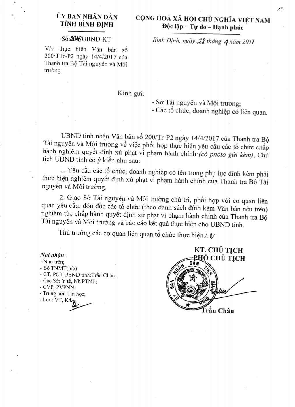 Công văn 2016/UBND-KT ngày 28/4/2017 của UBND tỉnh Bình Định V/v thực hiện văn bản số 200/TTr-P2 ngày 14/4/2017 của Thanh tra Bộ TN&MT