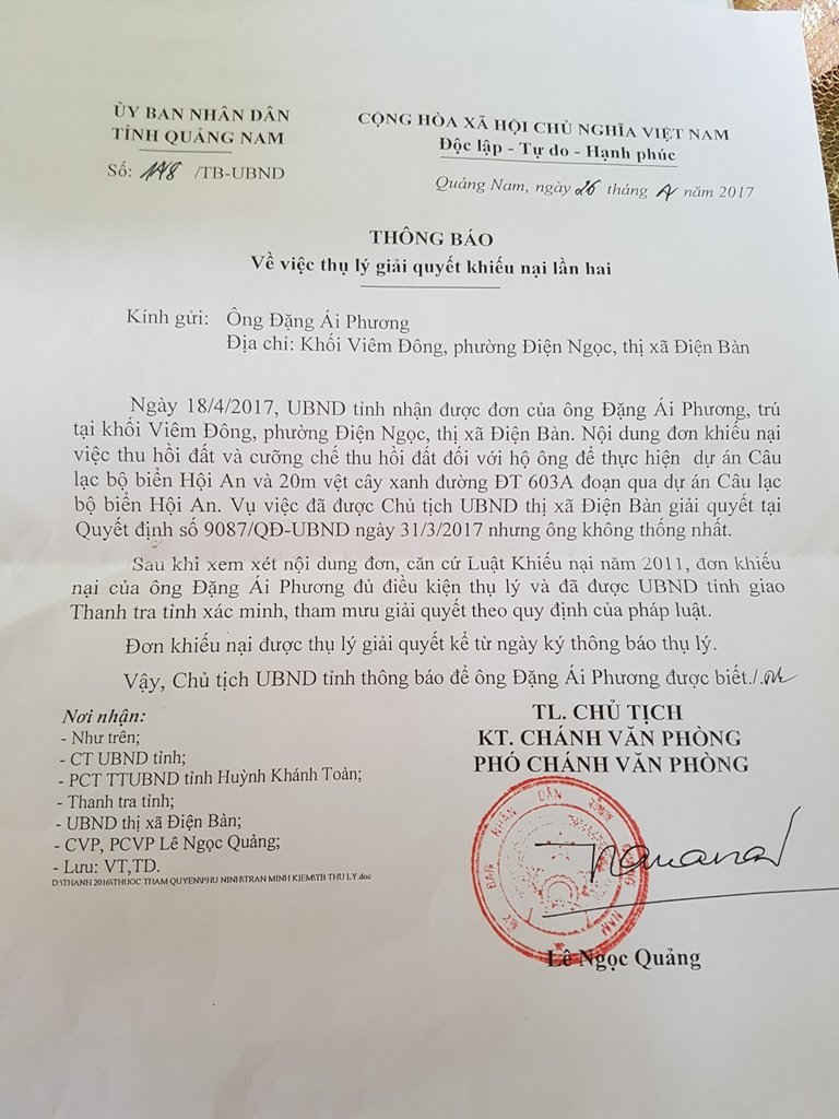 Công văn số 148/TB-UBND ngày 26/4/2017 của UBND tỉnh Quảng Nam thông báo về việc thụ lý giải quyết khiếu nại lần 2 của ông Phương