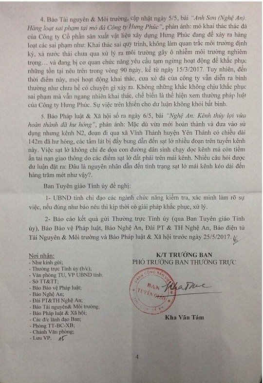 Văn bản của Ban Tuyên giáo Tỉnh ủy Nghệ An gửi các quan chức năng yêu cầu kiểm tra, xử lý vấn đề báo TN&MT nêu