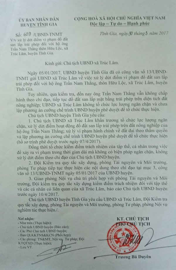Công văn của UBND huyện Tĩnh Gia về việc xử lý dứt điểm vi phạm đổ đất san lấp trái phép đối với hộ ông Trần Nam Thắng 