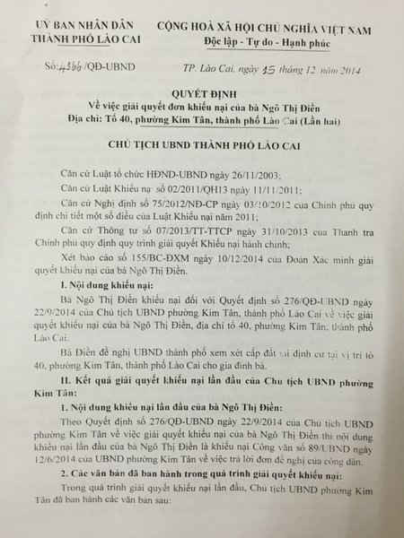 UBND TP Lào Cai khẳng định quá trình giải quyết khiếu nại của UBND phường Kim Tân là trái pháp luật