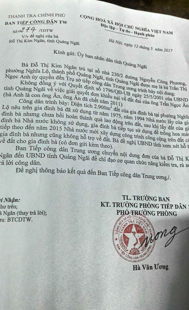 Công văn số 274/TDTW ngày 12/5 của Ban tiếp công dân Trung ương gửi UBND tỉnh Quảng Ngãi để kiểm tra, rà soát trả lời công dân