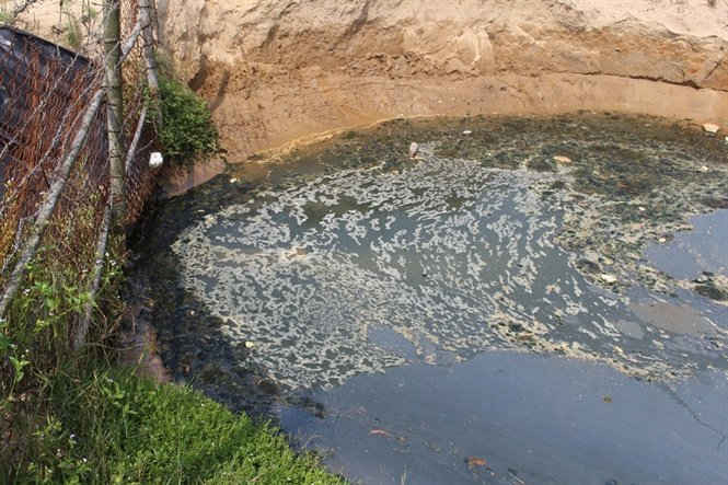 Nước thải từ hồ tôm chảy ra ngoài có váng nổi lềnh bềnh