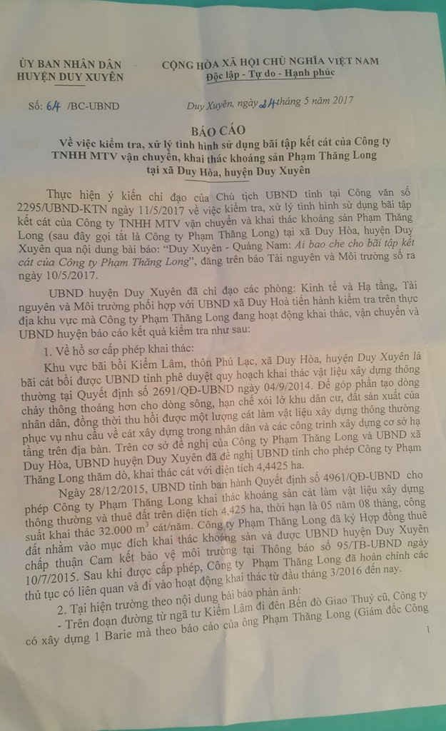 Báo cáo số 64/BC- UBND ngày 24/5/2017 của UBND huyện Duy Xuyên “Về việc kiểm tra, xử lý tình hình sử dụng bãi tập kết cát của Công ty TNHH một thành viên vận chuyển, khai thác khoáng sản Phạm Thăng Long tại xã Duy Hòa, huyện Duy Xuyên”