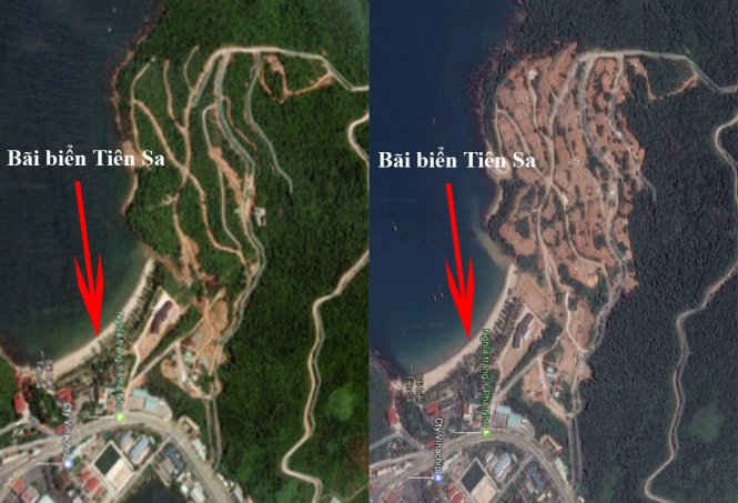 Hình ảnh khu vực phía tây bán đảo Sơn Trà kế bãi biển Tiên Sa bị tàn phá. Ảnh phải chụp màn hình từ Google Map ngày 1/5/2017. Ảnh trái chụp màn hình từ Google Map trước đó (nguồn ảnh: Báo Tuổi trẻ)