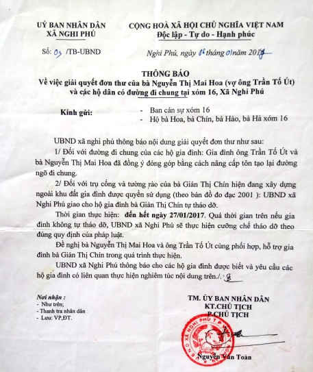 Văn bản của UBND xã Nghi Phú ban hành từ đầu năm 2017 nhưng đến nay sự việc vẫn chưa được giải quyết