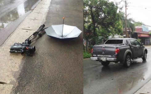 Hiện trường chiếc máy quay bị hư hỏng và chiếc xe ô tô do Trần Văn Hạnh lái
