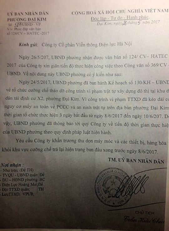 Văn bản của UBND phường Đại Kim yêu cầu Công ty CP Viễn thông Điện lực Hà Nội phải trả lại hiện trạng ban đầu xong trước ngày 8/6/2017