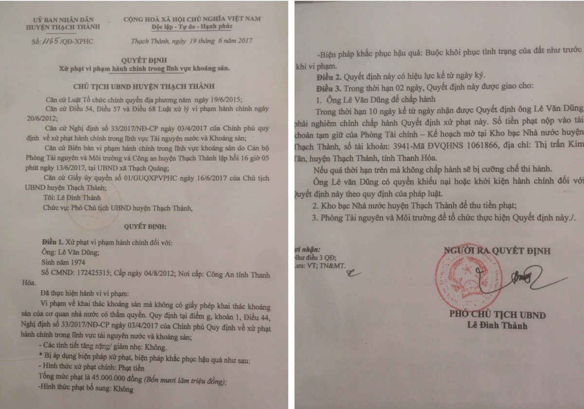 Quyết định xử phạt hành chính của UBND huyện Thạch Thành
