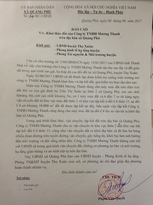 Báo cáo “kêu cứu” của UBND xã Quảng Phú trước sự lộng hành của Công ty TNHH Mường Thanh