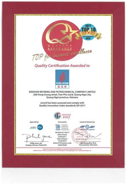 Chứng nhận BSR đạt “TOP 10 Doanh nghiệp Đảm bảo Chất lượng lượng - Quality Assurance System (QAS) 2017”