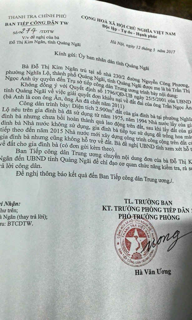 Mặc dù đã có Công văn 274/TDTW ngày 12/5/2017 của Thanh tra Chính phủ, nhưng UBND tỉnh Quảng Ngãi vẫn bác đơn khiếu nại của bà Đỗ Thị Kim Ngân và không đình chỉ thi công đối với công trình khu văn hóa thể thao xây dựng trái phép trên đất tranh chấp