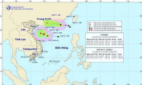 Vị trí và hướng đi của tâm bão và áp thấp nhiệt đới.