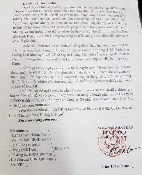 Báo cáo ngày 21/7/2017 của UBND phường Hoàng Liệt gửi UBND quận Hoàng Mai kiến nghị cho phép các bãi xe này tồn tại