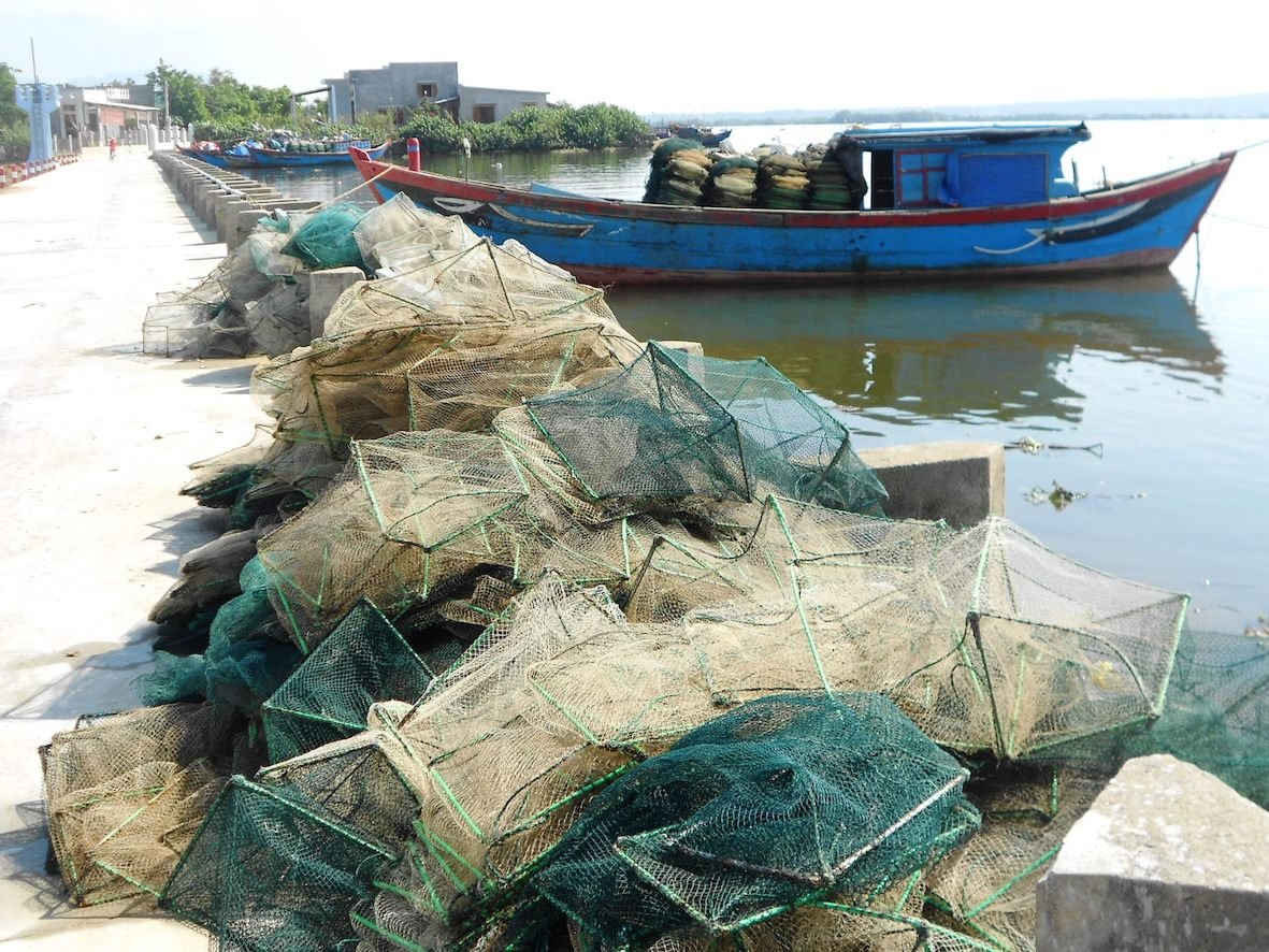 VNhiều ngư dân sinh sông ven đầm Thị Nại sử dụng lưới lồng để khai thác tận diệt nguồn lợi thủy sản.