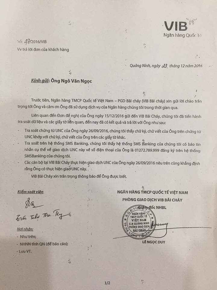 Công văn số 47/2016 của VIB Quảng Ninh trả lời anh Ngô Văn Ngọc.
