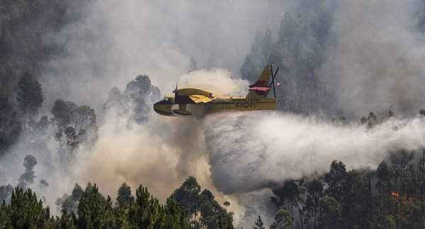 Máy bay chiến đấu Canadair CL-215 xả nước để dập tắt lửa rừng ở Ferreira do Zêzere, Bồ Đào Nha. Ảnh: Horacio Villalobos / Corbis qua Getty
