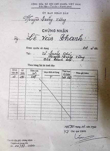 Sổ đỏ mà huyện Quảng Xương cấp cho ông Lê Văn Thanh - một người mất tích 24 năm