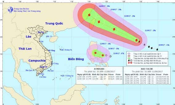 Vị trí và hướng đi của tâm bão và áp thấp nhiệt đới.