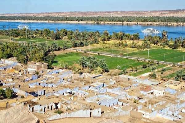 Toàn cảnh ngôi làng Nubian, những cánh đồng có hệ thống tưới tiêu và tàu du lịch trên sông Nile. Ảnh: Shutterstock