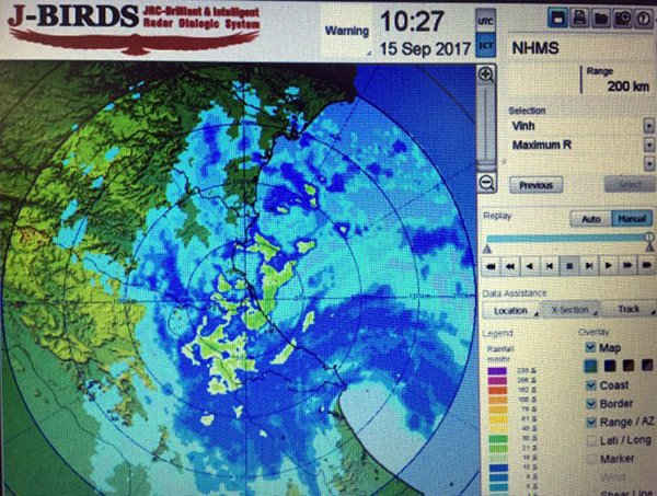 Hình ảnh rada thời tiết Vinh - Nghệ An về bão số 10 lúc 10h27 sáng 15/9. Ảnh chụp qua màn hình tại Trung tâm KTTV Quốc gia