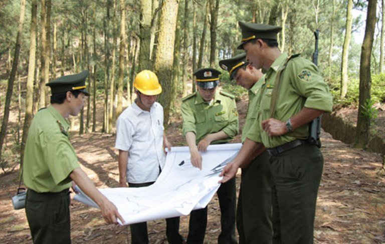 Cán bộ Hạt Kiểm lâm huyện Sóc Sơn lập phương án tuần tra, bảo vệ rừng. Ảnh: Bá Hoạt