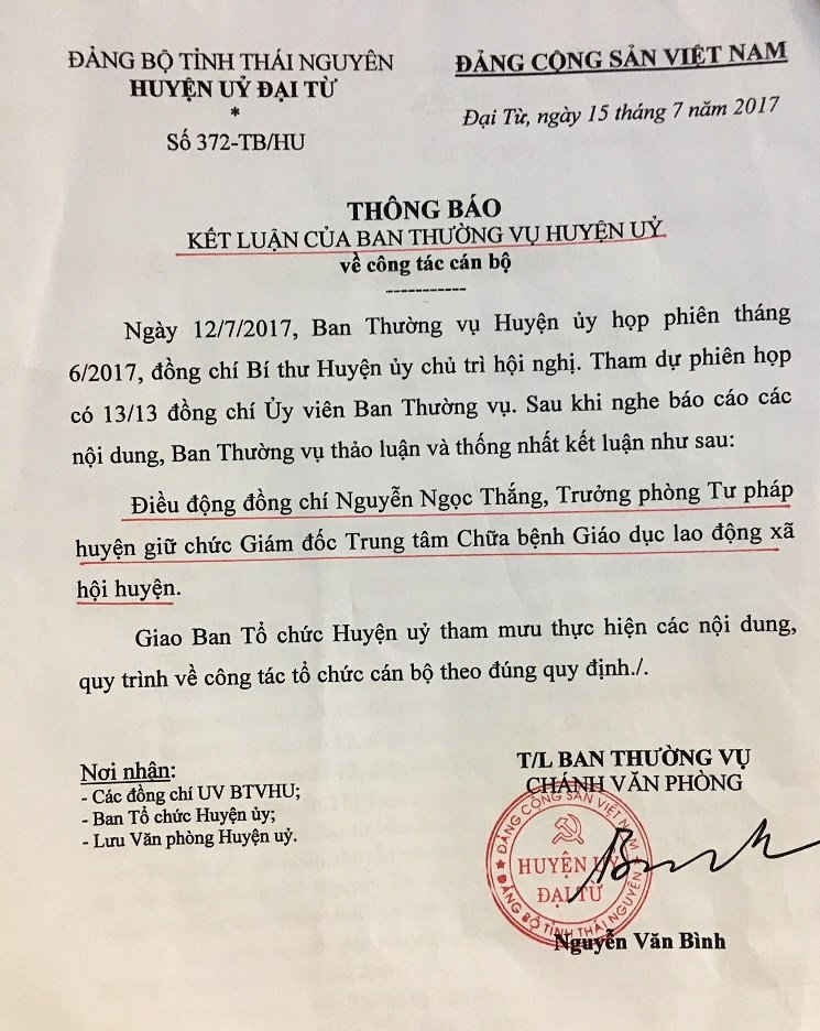 Ban Thường vụ huyện uỷ Đại Từ đã họp, thống nhất điều chuyển công tác đối với ông Nguyễn Ngọc Thắng, Trưởng phòng Tư pháp huyện.