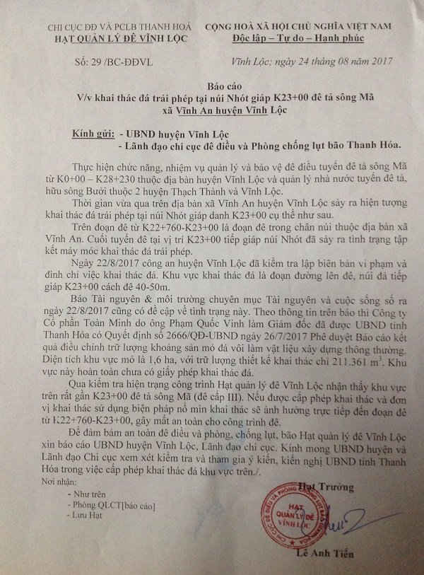 Công văn của Hạt quản lý đê Vĩnh Lộc bảo cáo Chi cục đê điều &PCLB và UBND huyện Vĩnh Lộc về tình trạng mất an toàn đê sông Mã nếu như cấp phép cho Công ty Toàn Minh