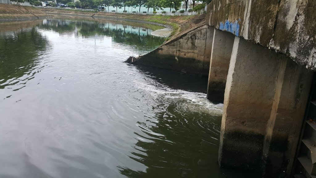 Cống xả nước thải đen ngòm, bốc mùi hôi thối ra sông Phú Lộc ( chụp lúc 16h ngày 2/10/2017)