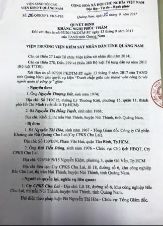 Quyết định kháng nghị phúc thẩm toàn bộ bản án số 07/2017/KDTM-ST ngày 13/9/2017 của TAND tỉnh Quảng Nam về vụ tranh chấp tài sản của Công ty CPKS Chu Lai