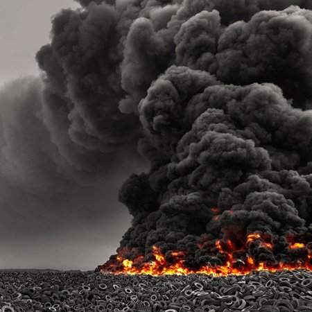Tại Jahra, Kuwait, một vụ hỏa hoạn lốp xe rộng 5 mét đã nổ ra hồi tháng 4/2012. Vụ hỏa hoạn này là do hành vi cố ý của những người bán hàng rong muốn đốt lốp xe để lấy kim loại phế liệu. Ảnh: Mohammed Alsultan / National Geographic Your Shot