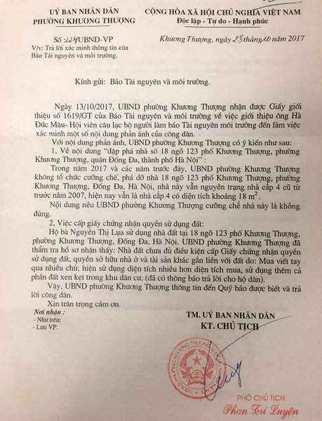 Văn bản số 124, ngày 23/10/2017 của UBND phường Khương Thượng gửi Báo TN&MT về việc xác minh thông tin sau khi PV báo đặt lịch làm việc trước đó 10 ngày và đăng bài phản ánh